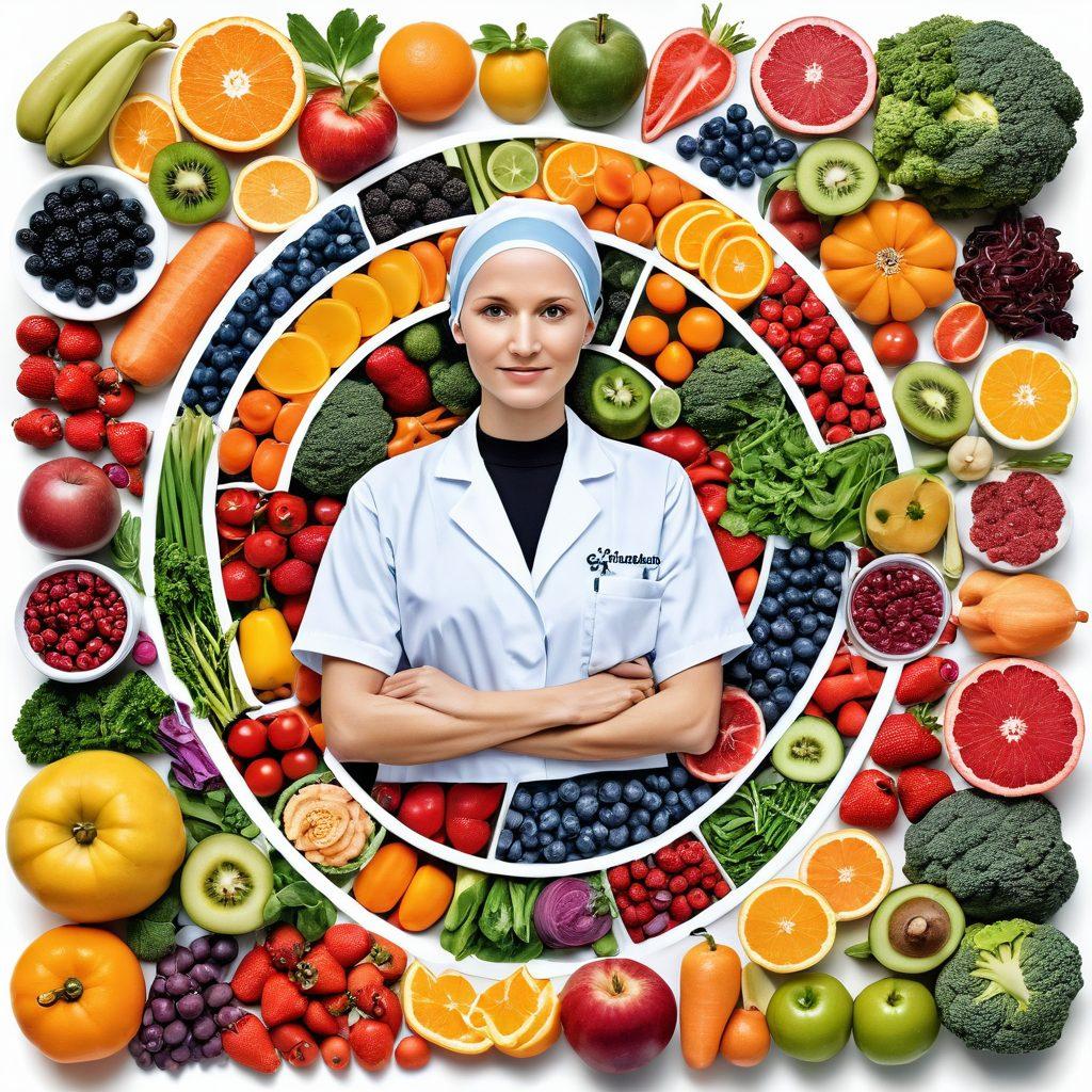 A vibrant and informative collage depicting the modern approaches to cancer care, blending imagery of immunotherapy treatments like lab vials and cells, alongside colorful fresh fruits and vegetables representing nutritional therapy. A hopeful light radiates from the center, symbolizing healing and innovation, with subtle illustrations of healthcare professionals engaged in patient care. This dynamic composition inspires hope and knowledge in cancer treatment. super-realistic. vibrant colors. white background.