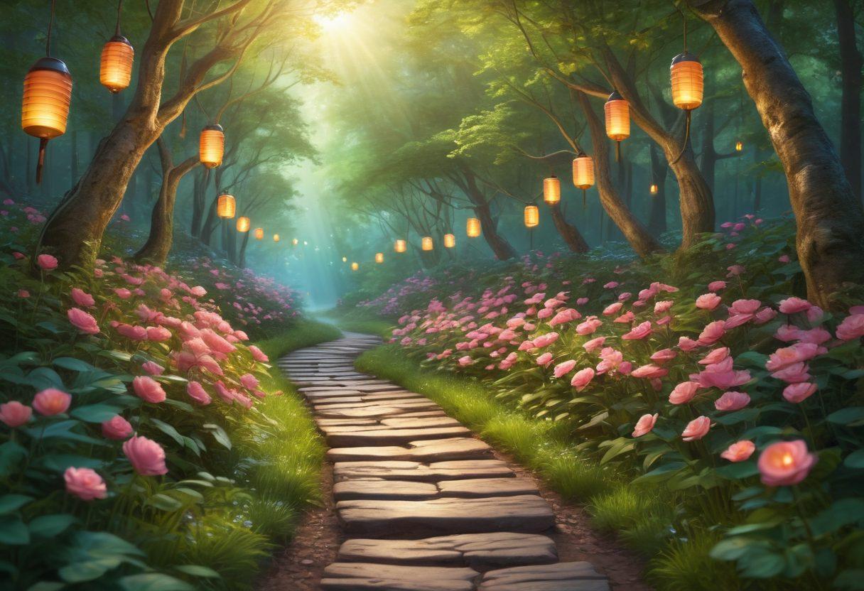 A serene pathway winding through a lush green forest, symbolizing the journey of cancer survivorship, lined with glowing lanterns representing essential support and resources. Include uplifting elements such as blooming flowers and birds in flight, signifying hope and resilience. Soft sunlight filtering through the trees creates a warm, welcoming atmosphere. super-realistic. vibrant colors. peaceful background.