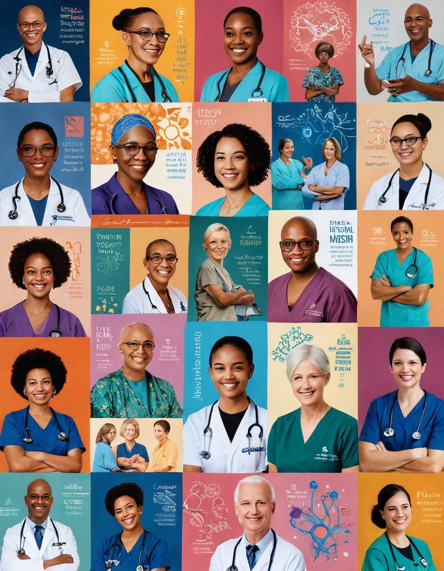 A collage of diverse patients in a bright, hopeful setting, engaging with medical professionals and advanced technology. Featuring images of cutting-edge cancer research, groundbreaking treatment options, and supportive community atmosphere. Include symbols of hope like ribbons and intricate diagrams of cells. Emphasize warmth and empowerment in the color palette to inspire resilience and optimism. vibrant colors. super-realistic.